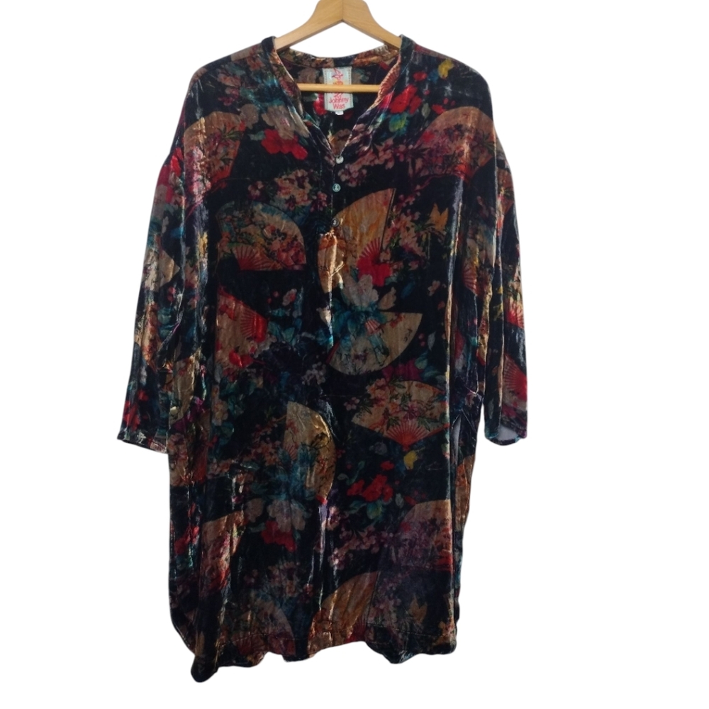 Johnny Was Velvet Floral Asian Fan Print Rayon Silk Blend Tunic Top